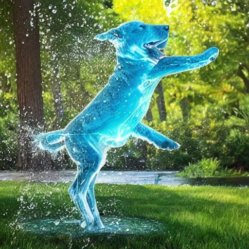 water elemental dog running in the backyard